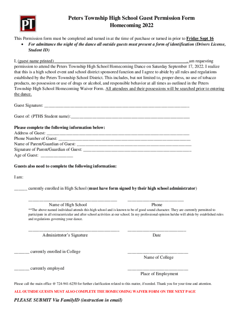 Fillable Online Peters Township High School Guest Permission Form ...