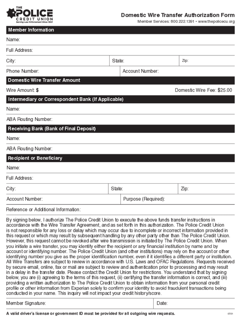 Fillable Online Domestic Wire Transfer Authorization Form The Police