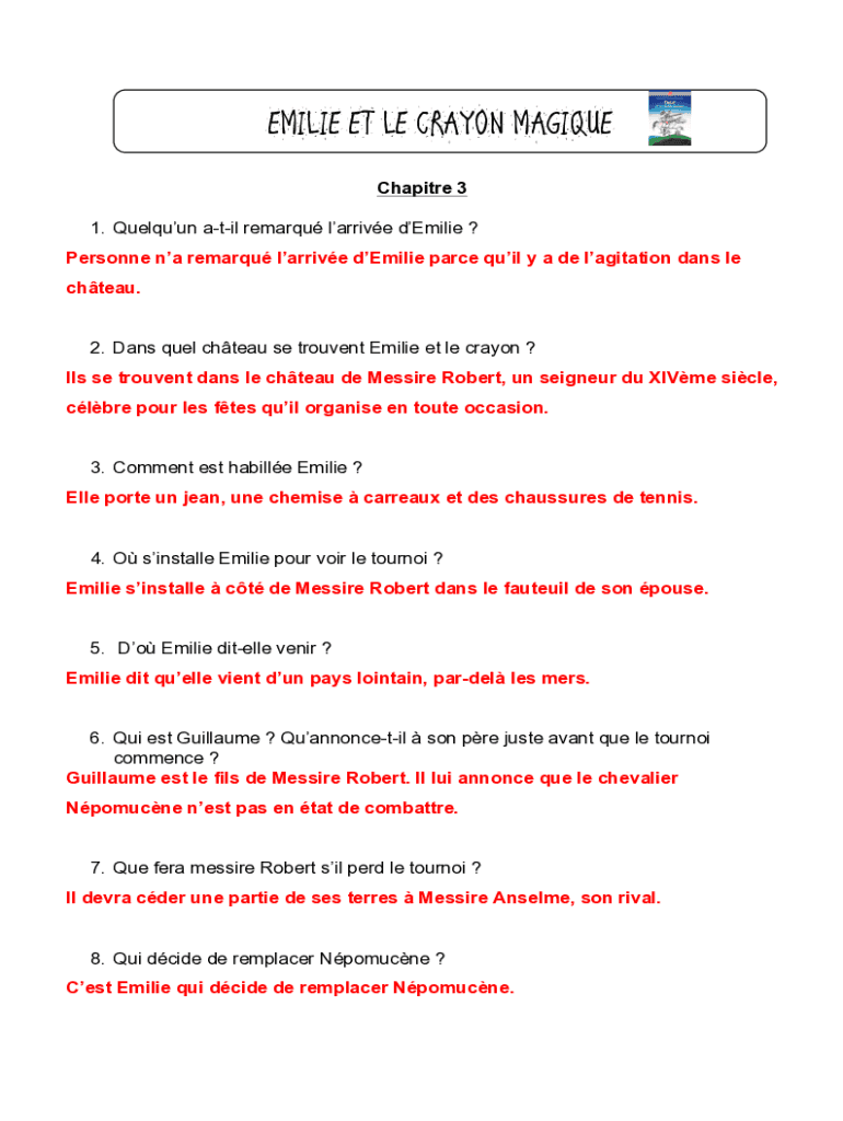 Fillable Online QuestionnaireCORRIGEEmilieetlecrayonmagique sans productions crites