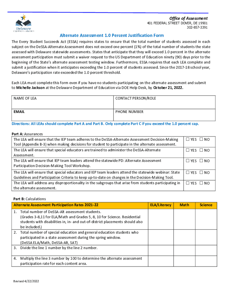 Fillable Online Alternate Assessment 1.0 Percent Justification Form Fax