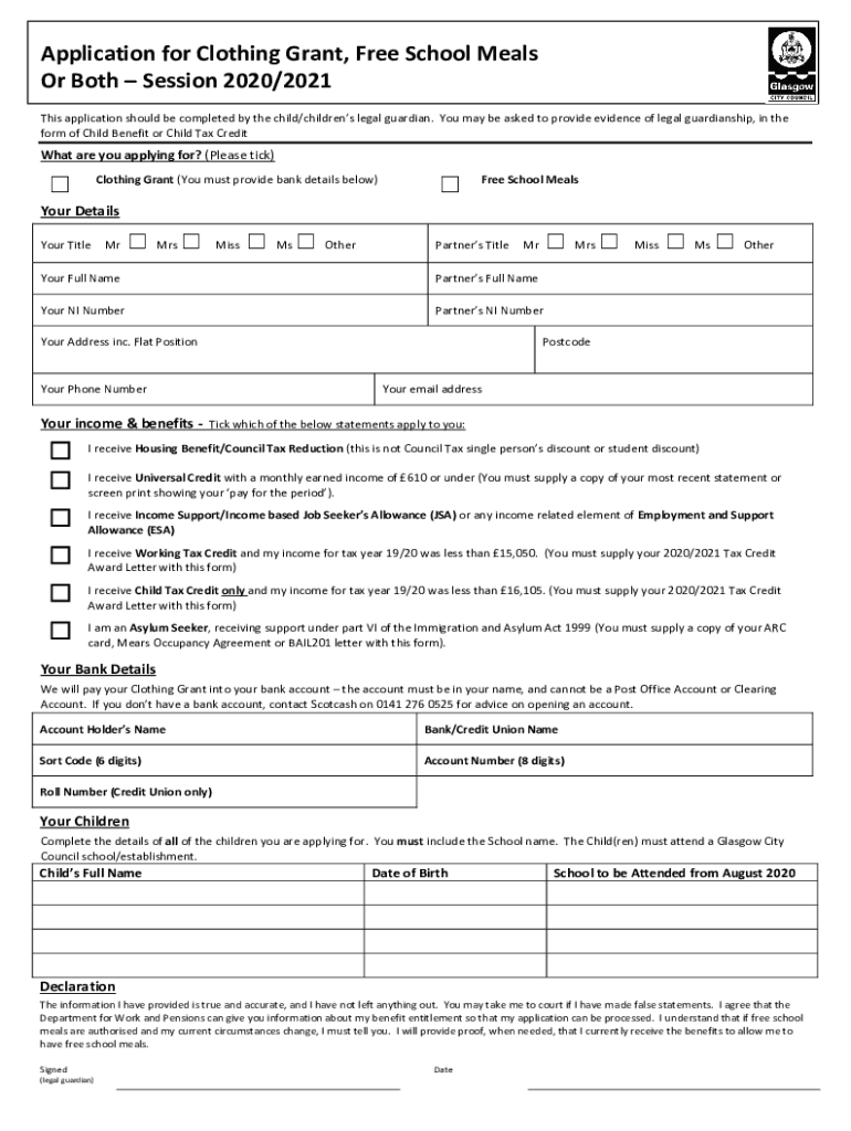 Fillable Online Fillable Free School Meals And Clothing Grant