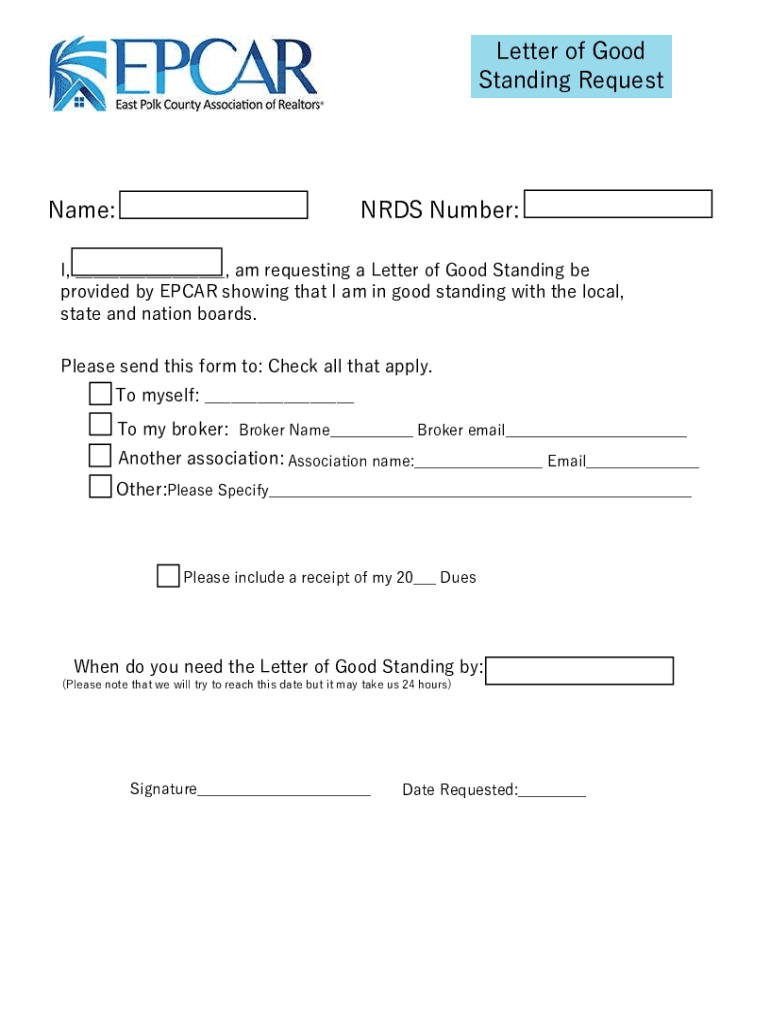 Fillable Online Letter of Good Standing Request Name NRDS Number Fax