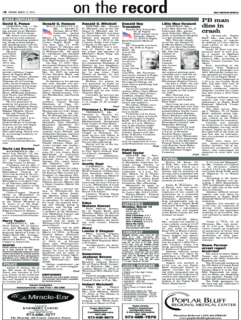 Fillable Online Hot Springs Obituaries Latest Obituaries in Hot