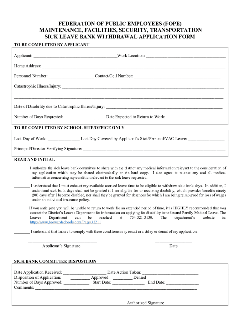 Fillable Online sick leave bank withdrawal application form Fax Email