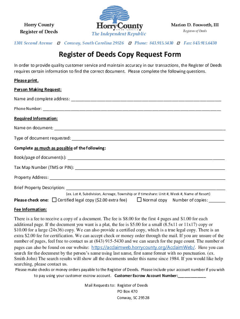 Fillable Online Register of Deeds Copy Request Form Fax Email Print