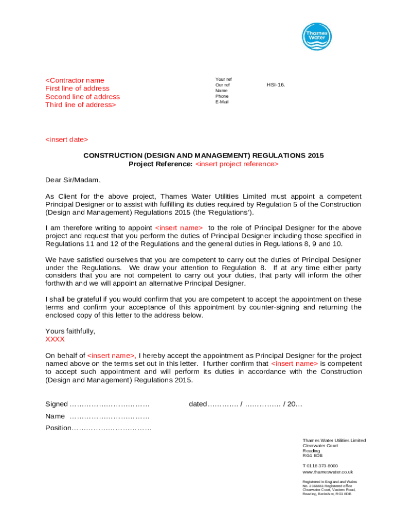 HSI 16 Principle designer appointment letter template Doc Template