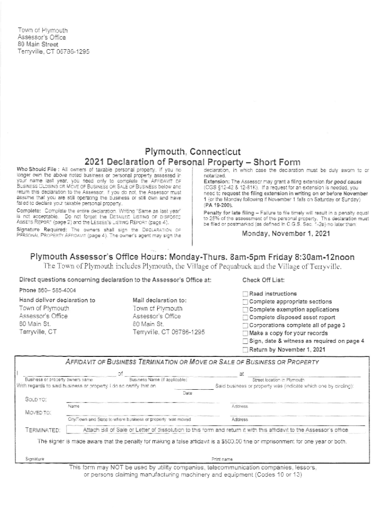 Fillable Online Plymouth Assessor Plymouth, CT (Address and Phone