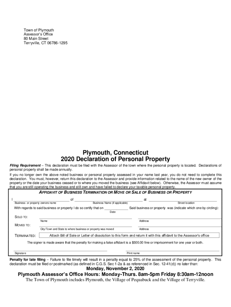 Fillable Online Plymouth, CT 2020 Declaration of Personal Property Long