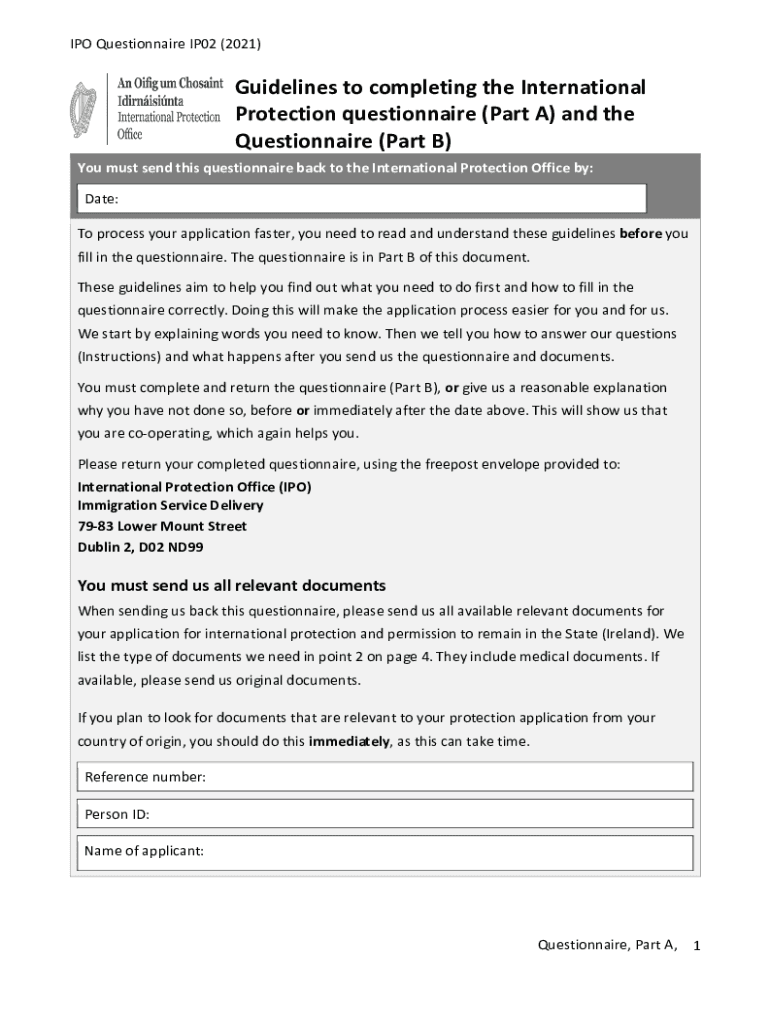 Fillable Online International Protection Questionnaire (IPO 2