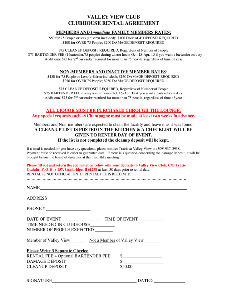 Fillable Online VALLEY VIEW CLUB CLUBHOUSE RENTAL AGREEMENT Fax Email Fillable Online VALLEY VIEW CLUB CLUBHOUSE RENTAL AGREEMENT Fax Email