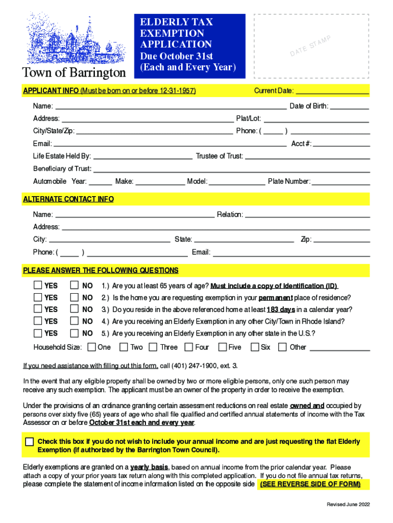 Fillable Online barrington ri Real Estate Tax Exemption For