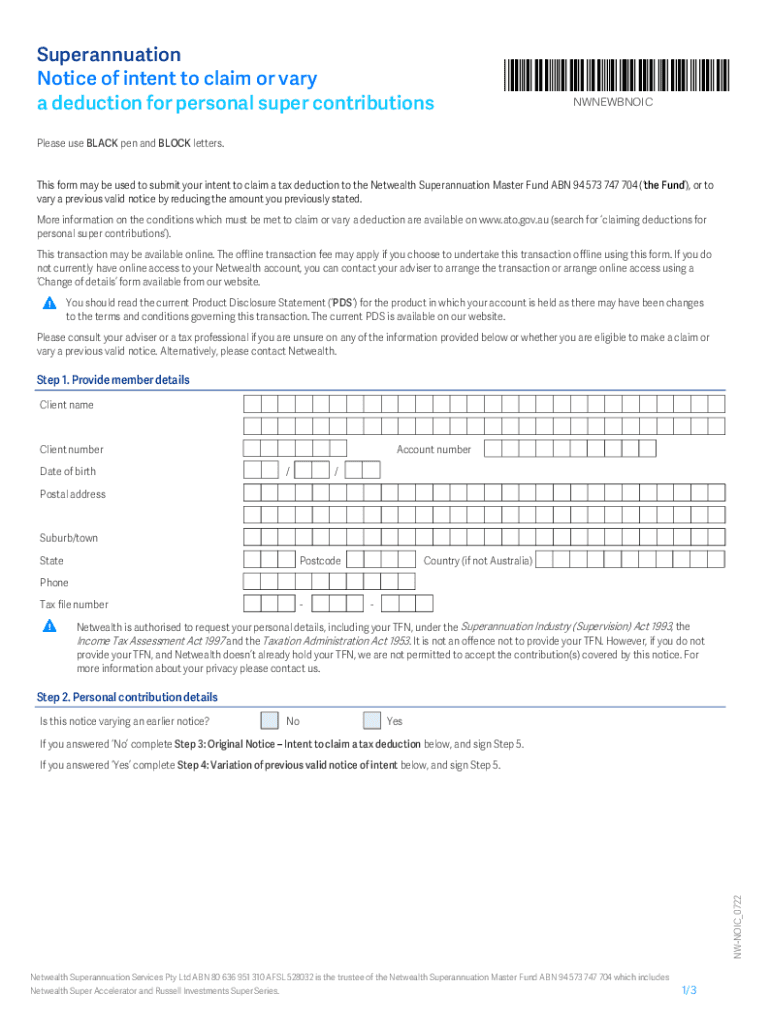 Fillable Online Claiming deductions for personal super contributionsClaiming deductions for