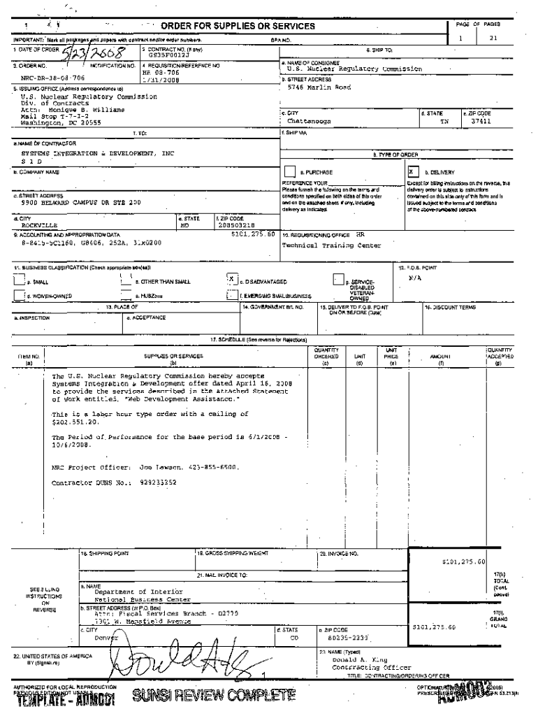 Fillable Online ORDER FOR SUPPLIES OR SERVICES IMPORTANT: Mark all ...
