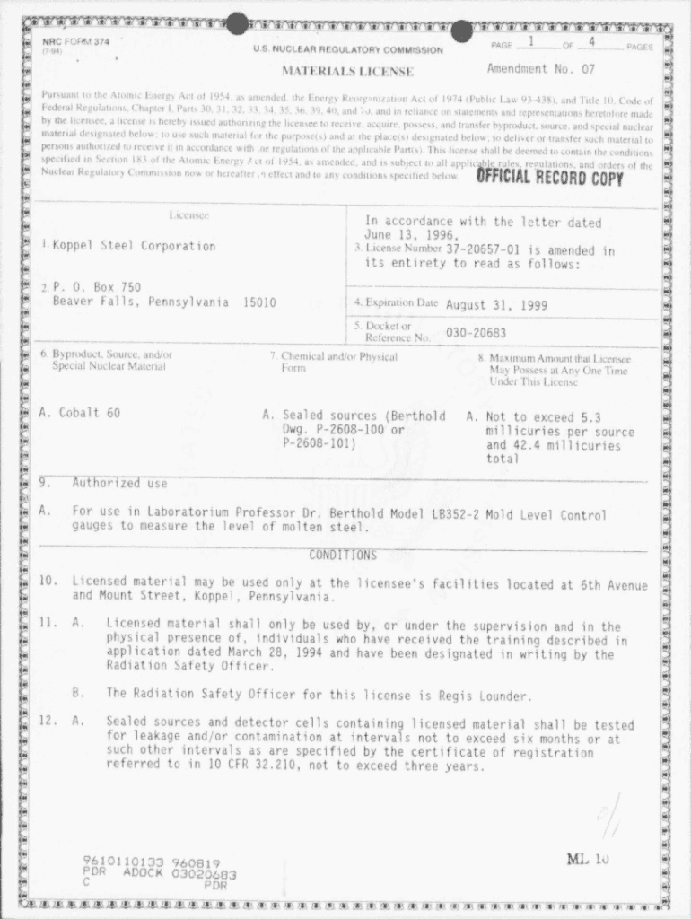 Fillable Online Matls licensing package for amend 7 to license 372065701 for Koppel Steel Corp