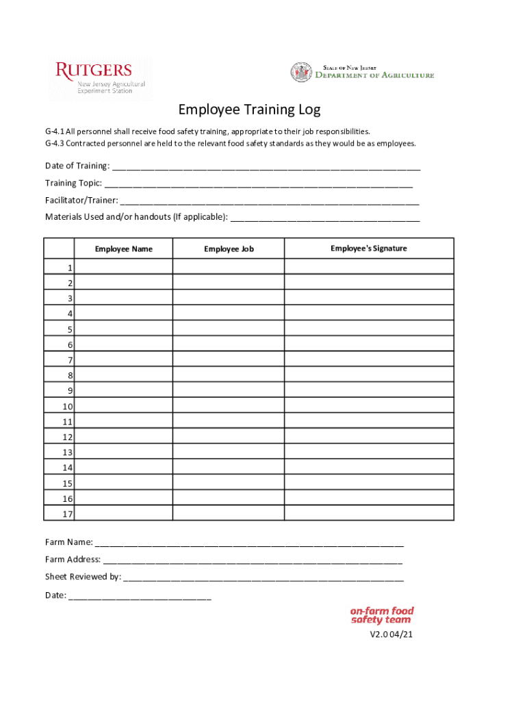 food safety training log Preview on Page 1