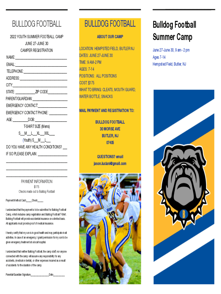 Fillable Online Bulldog Football Camp June 29 & 30 Rumson Rec