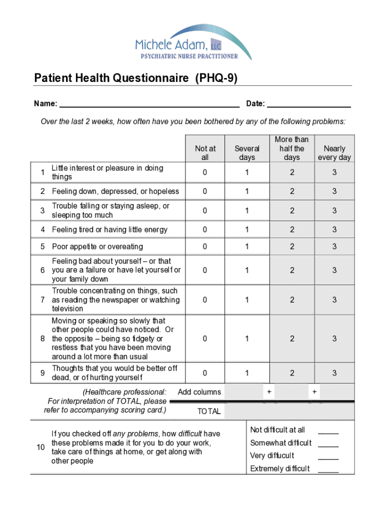 PHQ 9 Patient Depression Questionnaire Blank Fillable Template Fill PHQ 9 Patient Depression Questionnaire Blank Fillable Template Fill