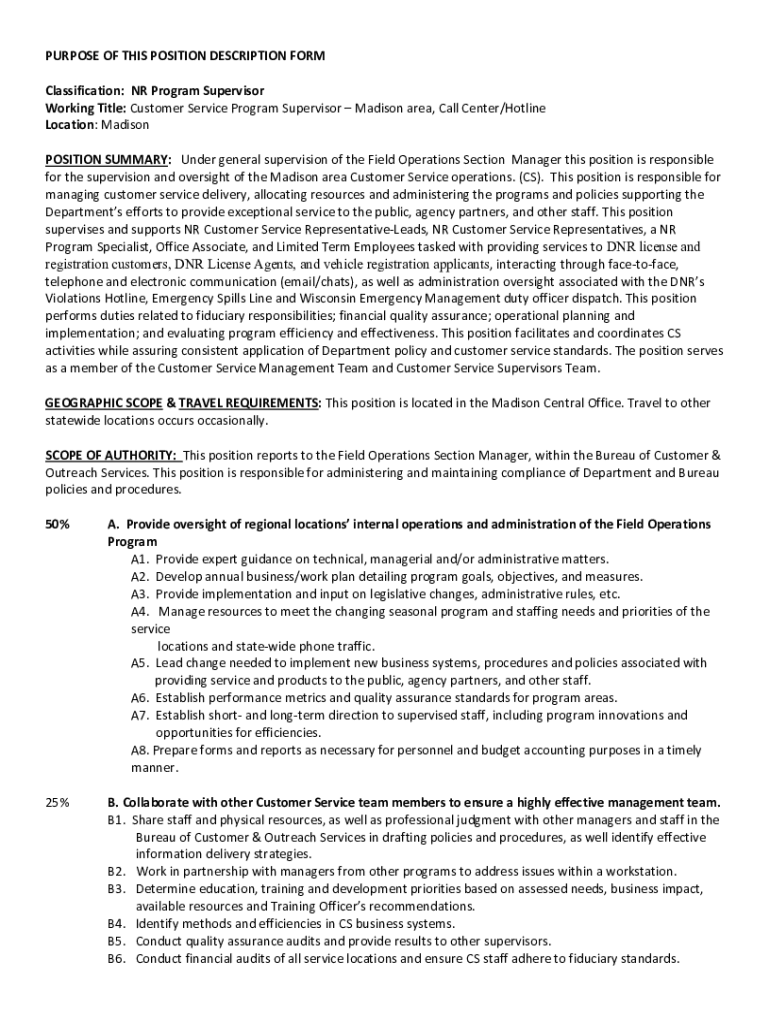 Fillable Online dnr wi PURPOSE OF THIS POSITION DESCRIPTION FORM