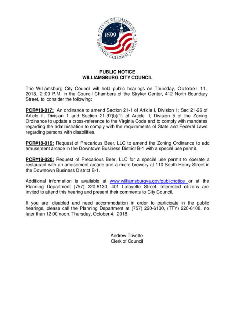 Fillable Online PUBLIC NOTICE WILLIAMSBURG CITY COUNCIL Fax Email Print