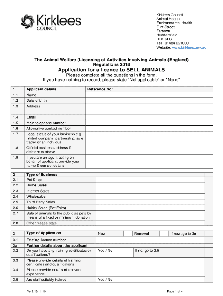 Fillable Online Selling Animals as Pets Application Form. Selling