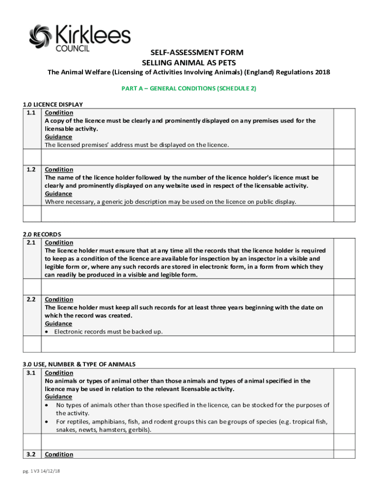 Fillable Online Selling Animals as Pets SelfAssessment Form. Selling