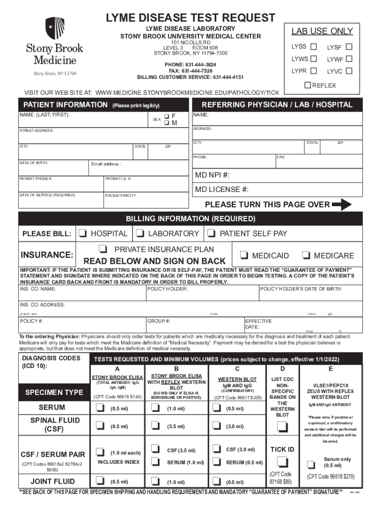 Fillable Online Stony Brook Medicine LYME DISEASE TEST REQUEST Fax
