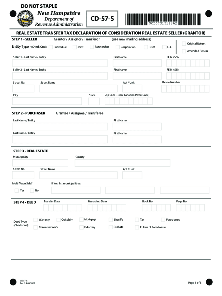 FORM NEW HAMPSHIRE DEPARTMENT OF REVENUE ADMINISTRATION CD-57-S REAL ... Preview on Page 1
