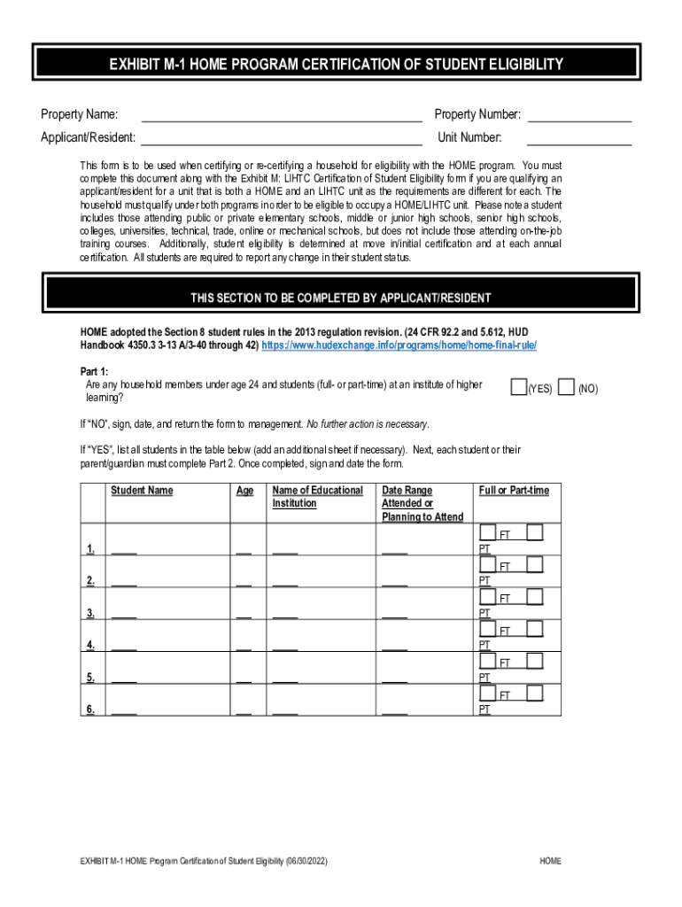 EXHIBIT M-1 HOME PROGRAM CERTIFICATION OF STUDENT ELIGIBILITY - MHDC Preview on Page 1