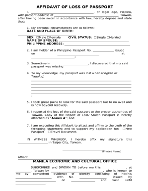 Sample Affidavit of Loss of Passport - Philippine Legal Forms