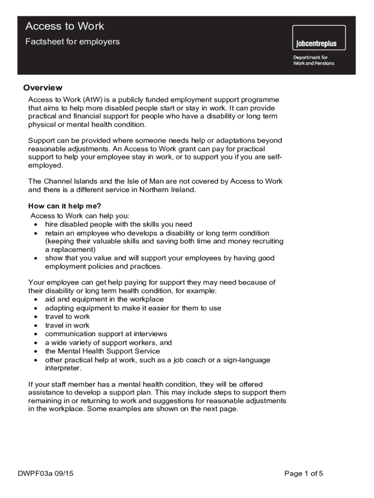 Fillable Online Access to Work factsheet for employers GOV.UKAccess to Work factsheet for