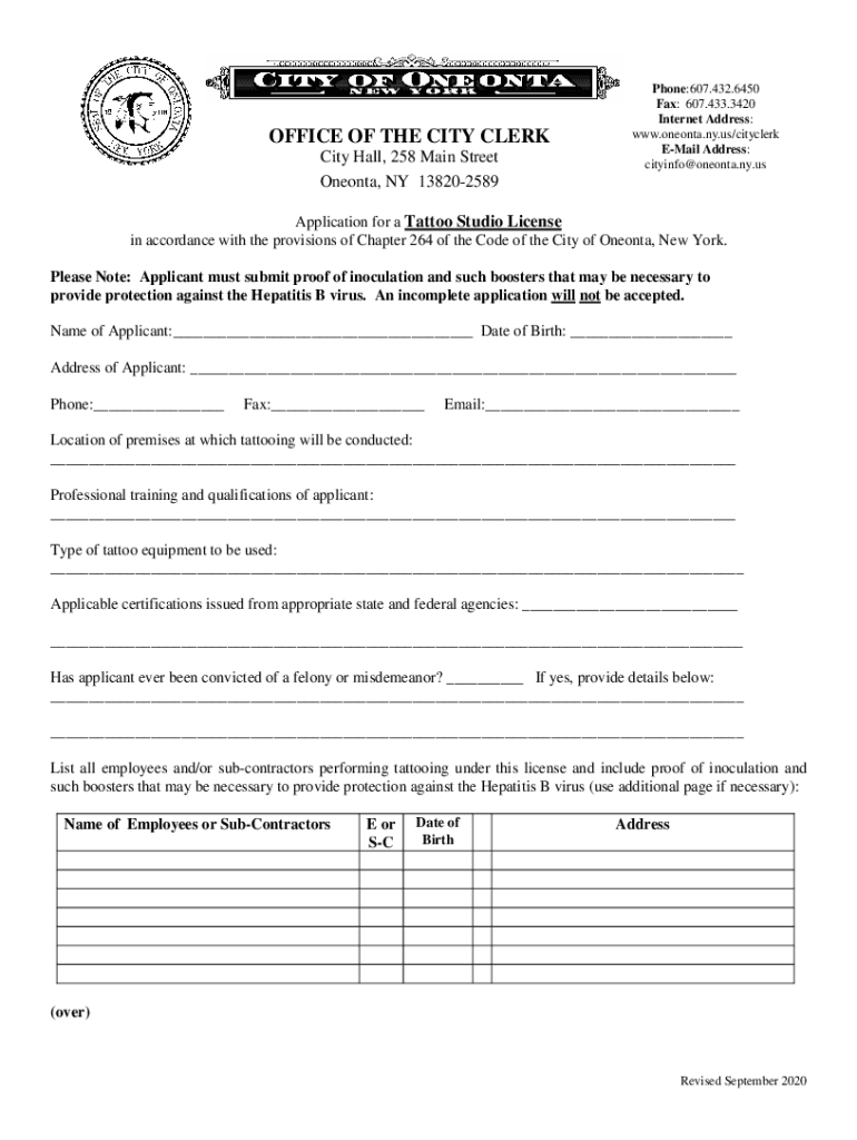 Fillable Online oneonta departmentsTattoo Studio
