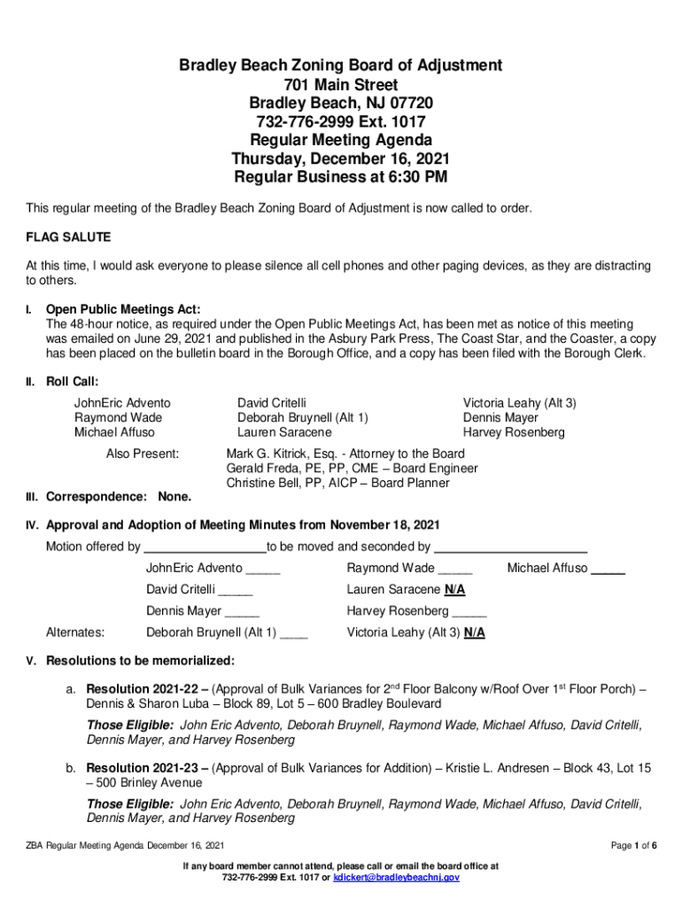 Fillable Online Bradley Beach Zoning Board of Adjustment 701 Main