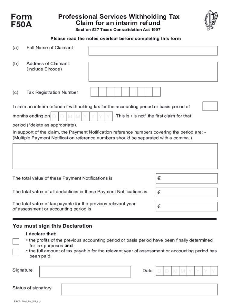 Fillable Online Form F50A Professional Services Withholding Tax Claim