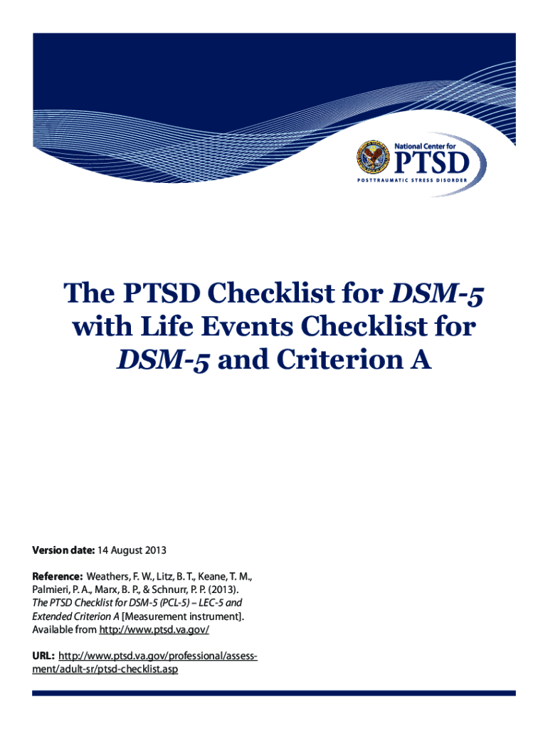 Fillable Online The PTSD Checklist for DSM5 with Life Events Checklist