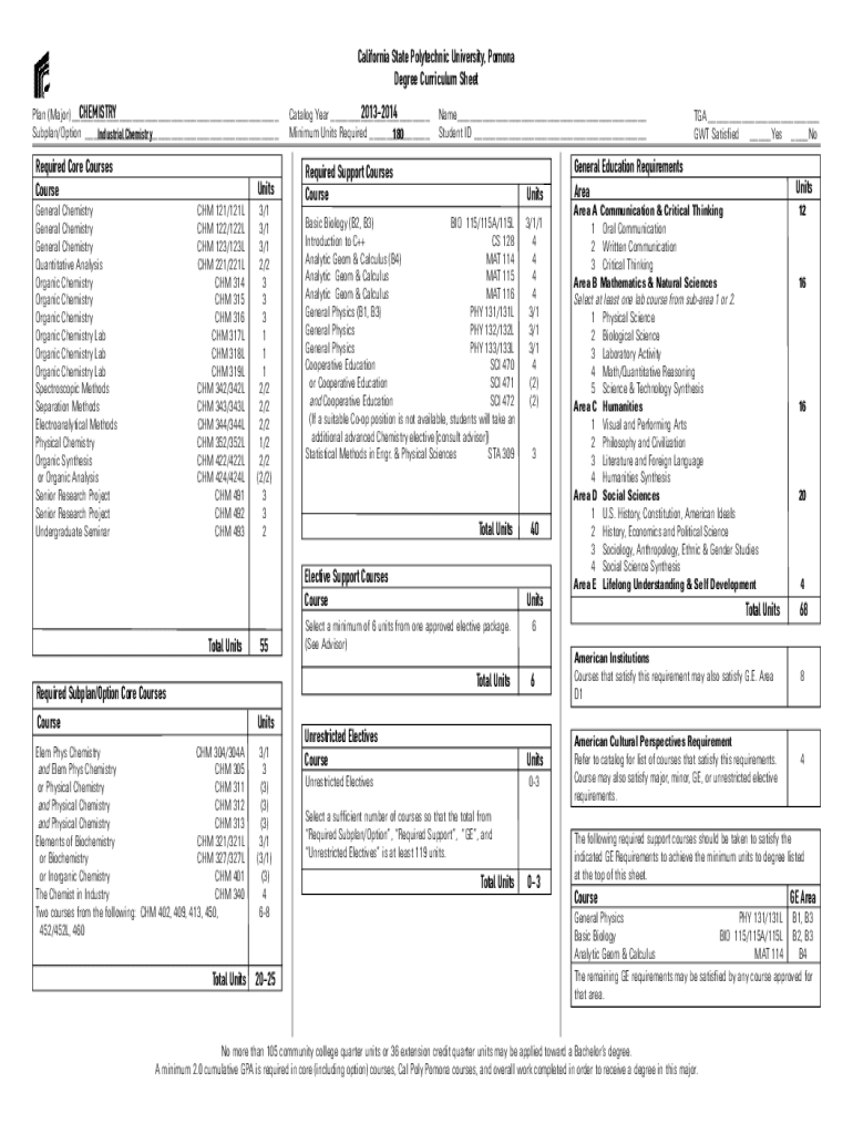 Fillable Online catalog.cpp.edupreviewprogramChemistry, B.S. General