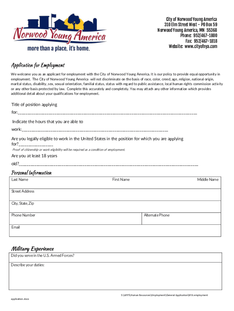 Fillable Online Departments Norwood Young AmericaDepartments