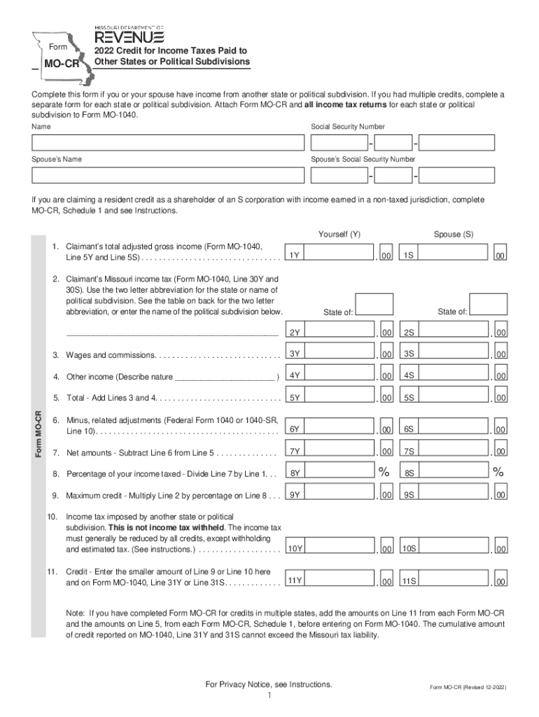 Form MO-CR - 2022 Credit for Income Taxes Paid to Other States or Political Subdivisions Preview on Page 1