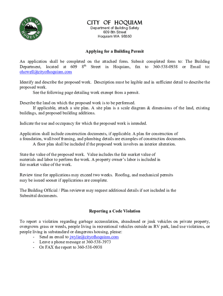 Fillable Online Hoquiam Building Department CITY OF HOQUIAM Fax Email Print pdfFiller