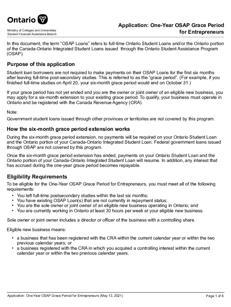 Fillable Online Application OneYear OSAP Grace Period for EntrepreneursOSAP Ontario Student