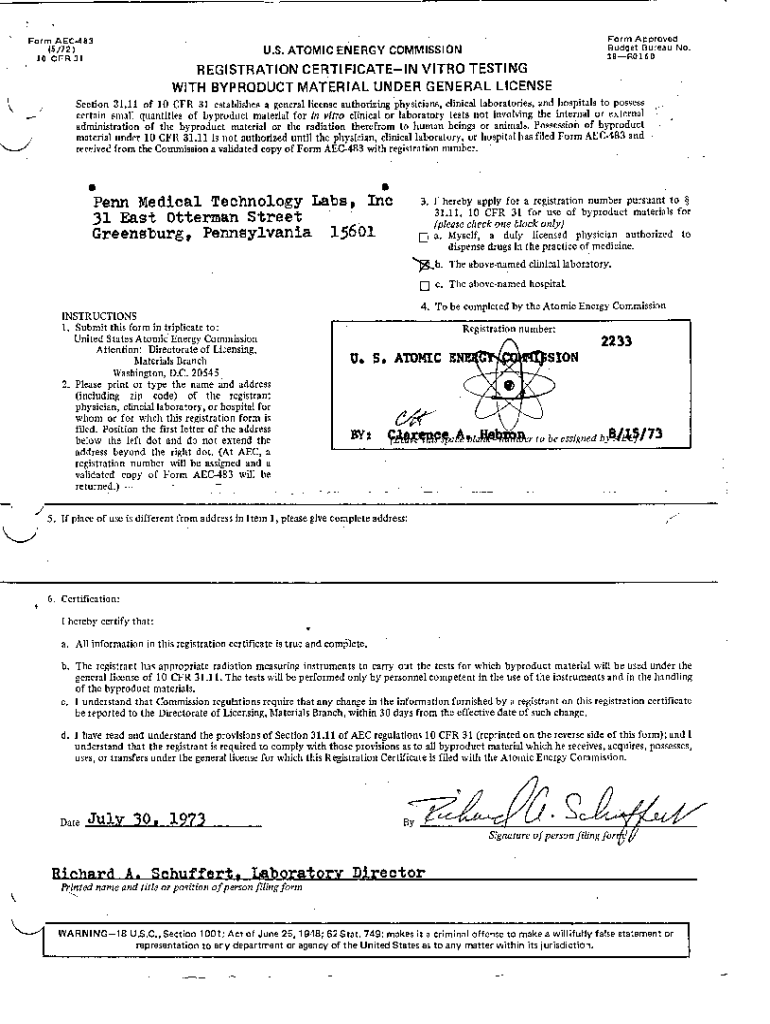 Fillable Online Registration Certificate for InVitro Testing for Penn