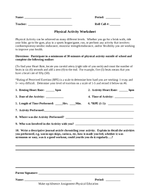 Physical Activity Worksheet Doc Template | pdfFiller