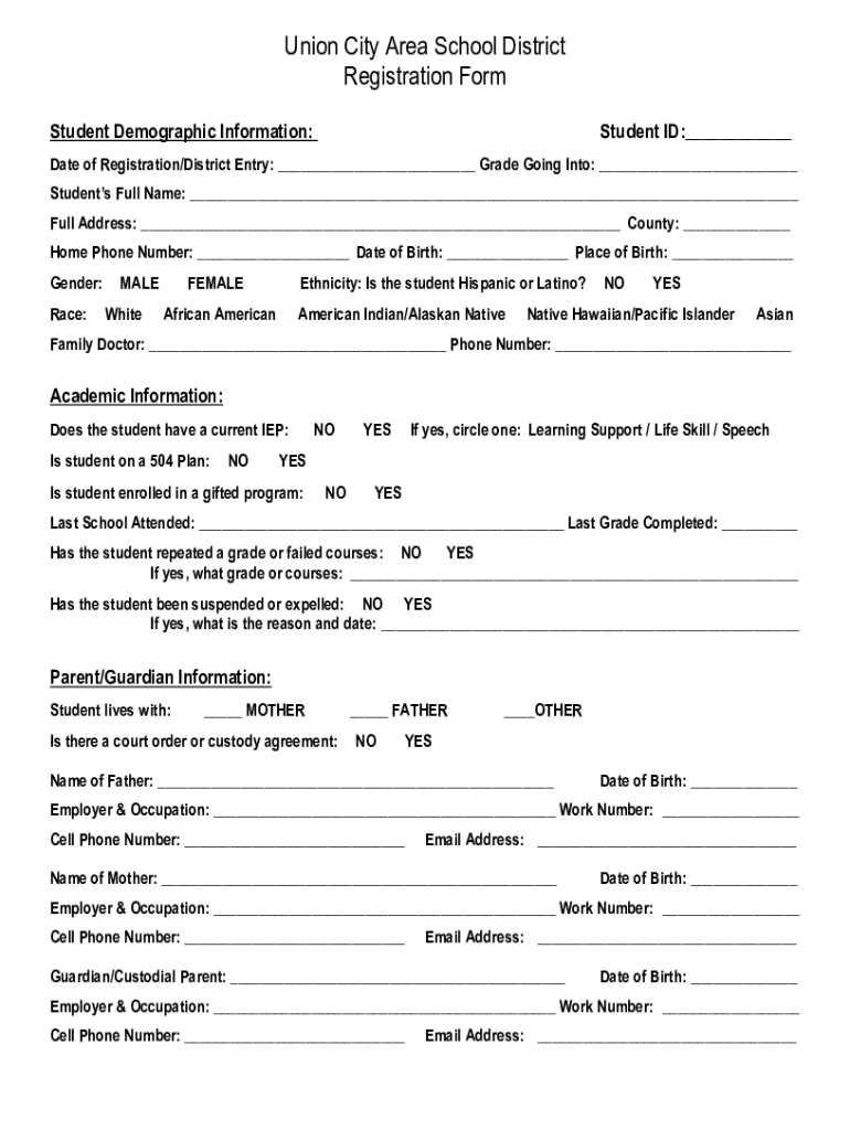 Fillable Online Union City Area School District Registration Form Fax ...