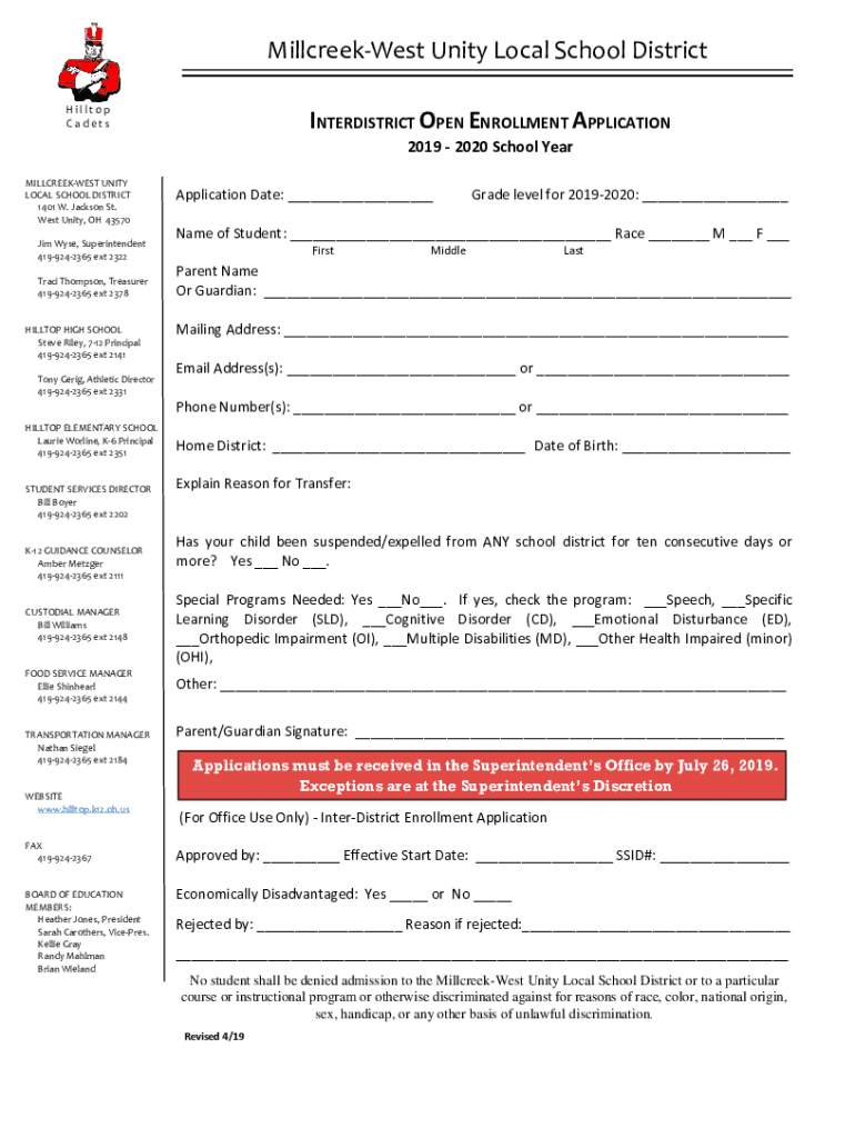 Fillable Online MillcreekWest Unity Local School District Public