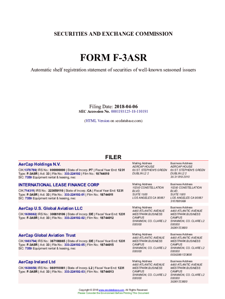 Fillable Online F3ASR Form Automatic shelf registration statement of