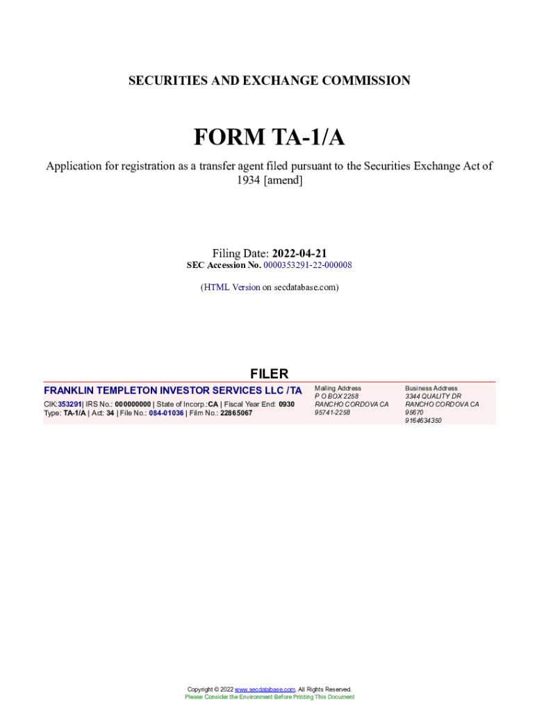 Fillable Online FRANKLIN TEMPLETON INVESTOR SERVICES LLC /TA Form TA1