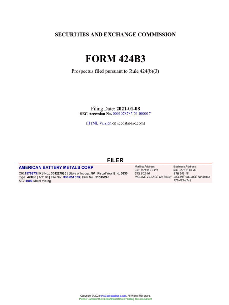 Fillable Online AMERICAN BATTERY METALS CORP Form 424B3 Filed Fax