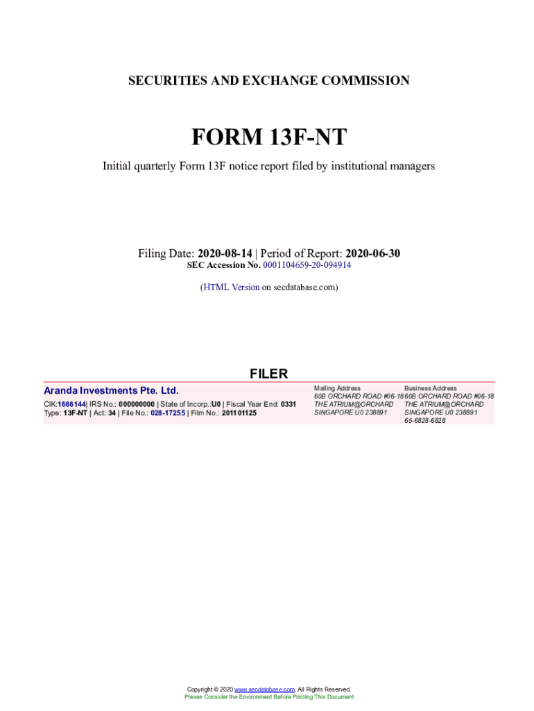 Fillable Online Aranda Investments Pte. Ltd. Form 13FNT Filed 202008