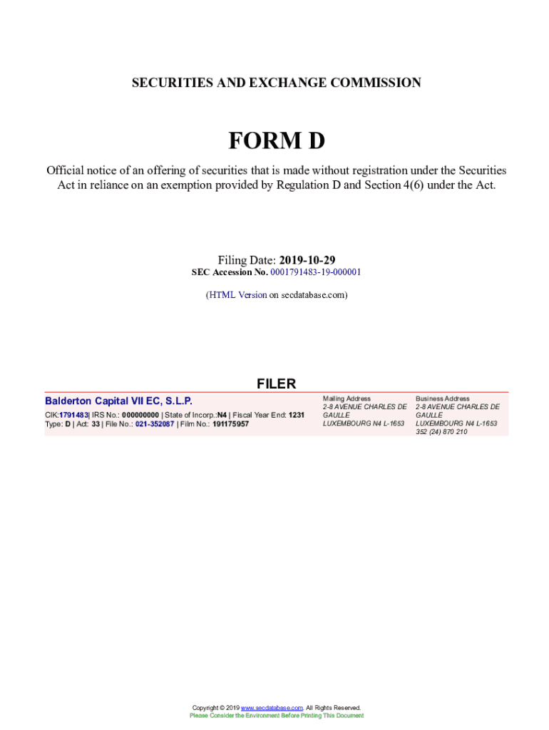Fillable Online Balderton Capital VII EC, S.L.P. Form D Filed 201910