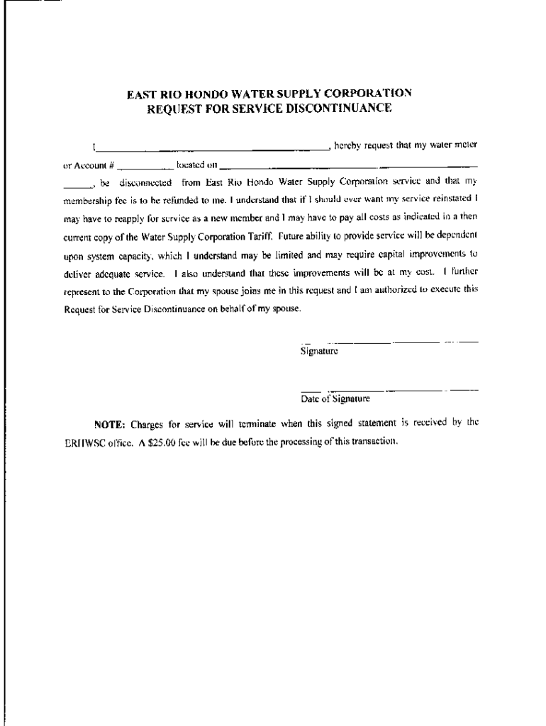 Fillable Online Request a Service Call East Rio Hondo Water Supply Corporation Fax Email Print