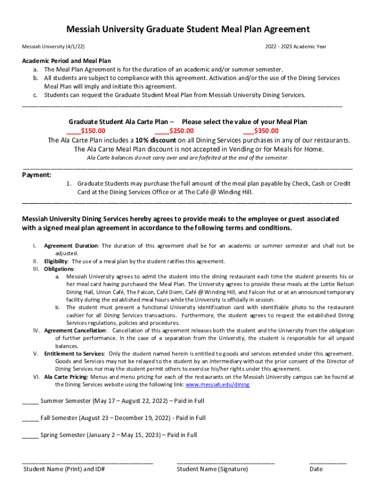 Fillable Online Messiah University Graduate Student Meal Plan Agreement